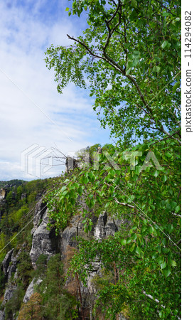 Beautiful summer view of Elbe river from Bastei view pont. Colorful morning scene of Saxon Switzerland national park, Germany, Europe. Beautiful summer view of Elbe river from Bastei view pont. Colorful morning scene of Saxon Switzerland national park, Germany, Europe. 114294082