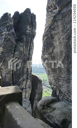 Beautiful summer view of Elbe river from Bastei view pont. Colorful morning scene of Saxon Switzerland national park, Germany, Europe. 114294098