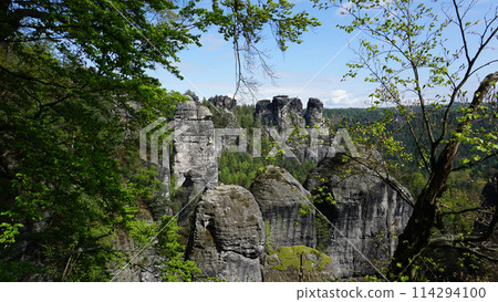Beautiful summer view of Elbe river from Bastei view pont. Colorful morning scene of Saxon Switzerland national park, Germany, Europe. Beautiful summer view of Elbe river from Bastei view pont. Colorful morning scene of Saxon Switzerland national park, Germany, Europe. 114294100