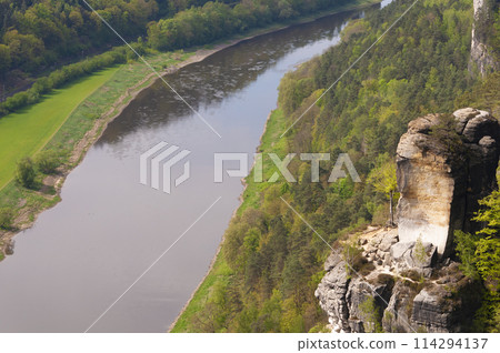 Beautiful summer view of Elbe river from Bastei view pont. Colorful morning scene of Saxon Switzerland national park, Germany, Europe. 114294137