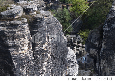 Beautiful summer view of Elbe river from Bastei view pont. Colorful morning scene of Saxon Switzerland national park, Germany, Europe. 114294141
