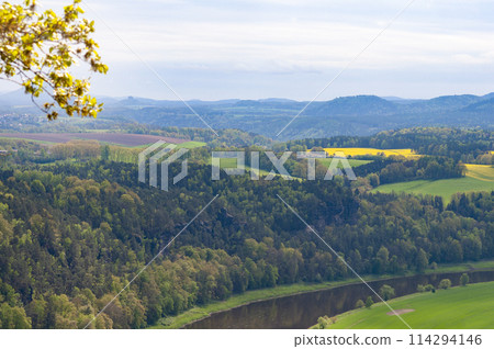 Beautiful summer view of Elbe river from Bastei view pont. Colorful morning scene of Saxon Switzerland national park, Germany, Europe. 114294146