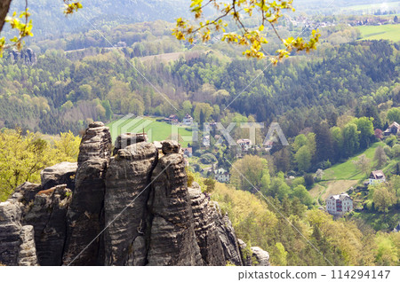 Beautiful summer view of Elbe river from Bastei view pont. Colorful morning scene of Saxon Switzerland national park, Germany, Europe. 114294147
