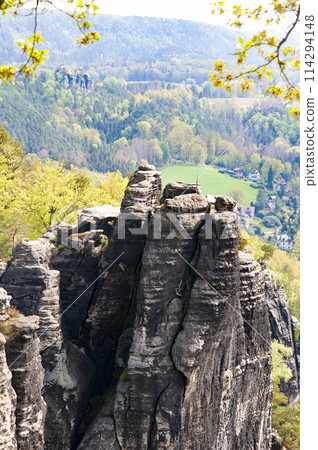 Beautiful summer view of Elbe river from Bastei view pont. Colorful morning scene of Saxon Switzerland national park, Germany, Europe. 114294148