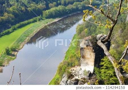 Beautiful summer view of Elbe river from Bastei view pont. Colorful morning scene of Saxon Switzerland national park, Germany, Europe. 114294150