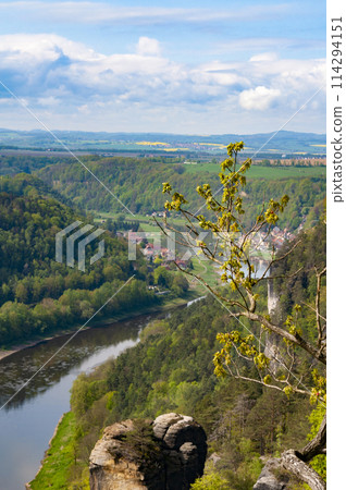Beautiful summer view of Elbe river from Bastei view pont. Colorful morning scene of Saxon Switzerland national park, Germany, Europe. Beautiful summer view of Elbe river from Bastei view pont. Colorful morning scene of Saxon Switzerland national park, Germany, Europe. 114294151