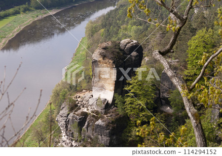 Beautiful summer view of Elbe river from Bastei view pont. Colorful morning scene of Saxon Switzerland national park, Germany, Europe. 114294152