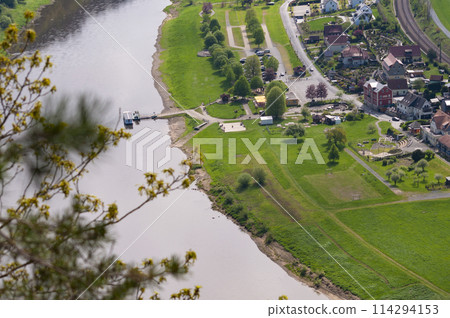 Beautiful summer view of Elbe river from Bastei view pont. Colorful morning scene of Saxon Switzerland national park, Germany, Europe. Beautiful summer view of Elbe river from Bastei view pont. Colorful morning scene of Saxon Switzerland national park, Germany, Europe. 114294153