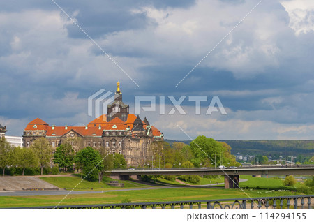 Drezden, Germany - panorama of bridge and historical building at center 114294155