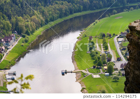 Beautiful summer view of Elbe river from Bastei view pont. Colorful morning scene of Saxon Switzerland national park, Germany, Europe. Beautiful summer view of Elbe river from Bastei view pont. Colorful morning scene of Saxon Switzerland national park, Germany, Europe. 114294175