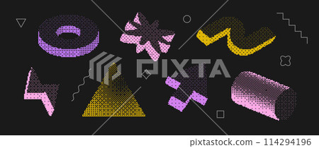 Bitmap textured shape set. Dither halftone objects collection. Colorful cylinder, arrow, bolt, ring, wave, triangle elements for banner, poster, leaflet. Pixelated 3d raster effect bundle. Vector pack 114294196