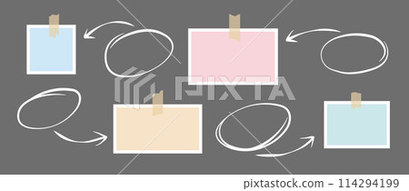 Pieces of paper glued on adhesive tape and hand drawn arrows and circles. Mood board, process flow or diagram chart template for mockup, poster design, banner, flyer, brochure. Vector illustration 114294199