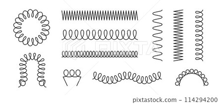 Set of spiral springs. Black metal wire coil collection. Thin spirals, zigzag lines, wire waves, flexible coils element pack for graphic design templates, decor. Vector illustration bundle 114294200