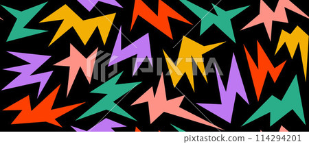 Colorful irregular spark and twinkle seamless pattern. Yellow, red, purple and green sharp shapes repeating background. Bright sharp edgy ornament wallpaper. Vector bright nursery repeated backdrop 114294201