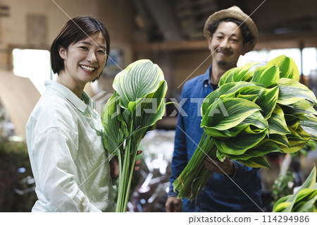 A flower grower preparing plants for shipping 114294986