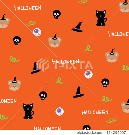 Illustration of teddy bear, black cat, witch hat, head skull for Halloween, orange background, gift wrap, packaging, trick or treat, wallpaper, backdrop, costume, fabric, spooky pattern, kid cloth Illustration of teddy bear, black cat, witch hat, head skull for Halloween, orange background, gift wrap, packaging, trick or treat, wallpaper, backdrop, costume, fabric, spooky pattern, kid cloth 114294997