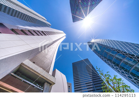 Tokyo cityscape in Japan. View of Shinjuku's skyscrapers and sunlight. On the left is the Sompo Japan Nipponkoa headquarters building. Tokyo cityscape in Japan. View of Shinjuku's skyscrapers and sunlight. On the left is the Sompo Japan Nipponkoa headquarters building. 114295113