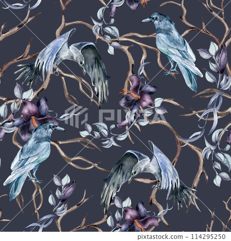 Mystical seamless pattern with watercolor crow isolated on blue. Autumn winter woodland with black bird. Dark forest with dry branches and botanical flowers hand drawn. For package, textile, paper 114295250