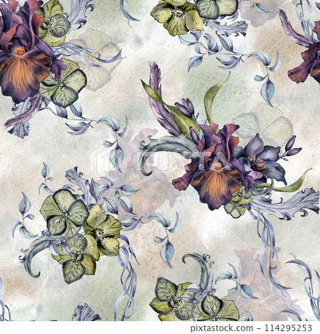 Black floral arrangement and feathers isolated on watercolor spots. Gothic flowers seamless pattern drawn. Dark botanical print with lily, iris. Element for package, wedding, Valentine background 114295253