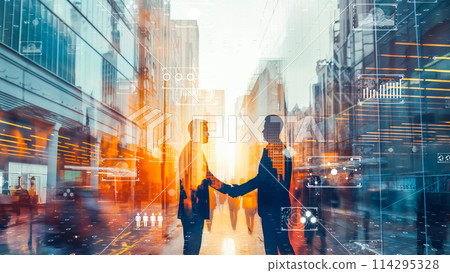 Two businessmen shaking hands in a high-tech corporate environment. An image of success in a digital society. 114295328