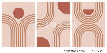 Abstract boho line art geometric shapes. Modern graphic background with minimal arch and circles. Simple organic textured illustration. Retro zen aesthetic print. 114295350