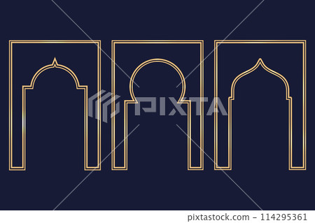 Ramadan Islamic arch frame. Vector Muslim traditional door illustration for wedding invitation post and templates. Golden frames in oriental style. Persian windows shapes set. Ramadan Islamic arch frame. Vector Muslim traditional door illustration for wedding invitation post and templates. Golden frames in oriental style. Persian windows shapes set. 114295361
