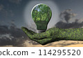 A green hand holds a lightbulb with a beautiful green forest inside it on its palm 114295520