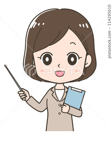 一位女商人用指點棒解釋的上半身插圖 一位女商人用指點棒解釋的上半身插圖 114295610