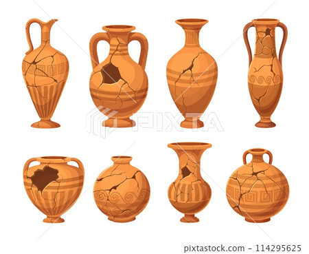 Ancient broken vases and pottery. Old ceramic cracked pots or jugs. Isolated vector set of shattered fragments of historical crockery, past civilization cultural heritage and archaeologists artefacts 114295625