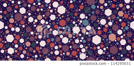 Hexagon terrazzo marble mosaic tile, terazzo honeycomb or terazo stone floor, vector background AAAA. Maroon pink and blue ceramic tile pattern of hexagon shape stone pieces and color marble fragments 114295631