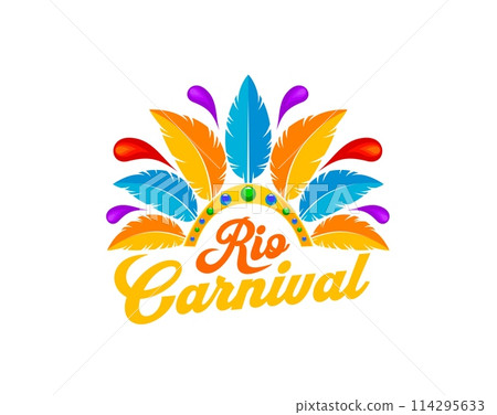 Brazilian Rio carnival party icon, vector entertainment event. Bright colorful feathers and gems headdress of Brazil music and latin dance carnaval costume symbol for fiesta party and street fest 114295633