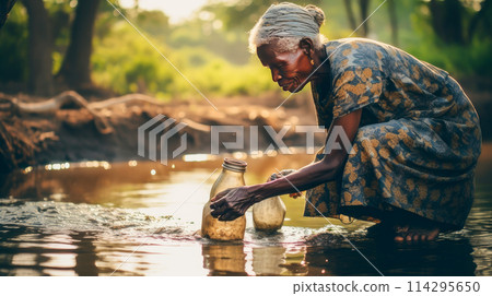 Poor, beggar, hungry dark-skinned old, thin elderly woman in Africa washes dishes in a dirty river, unsanitary conditions. 114295650