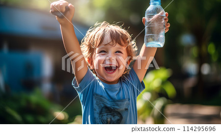 Poor, beggar, hungry smiling child eager to drink water from a plastic bottle. 114295696