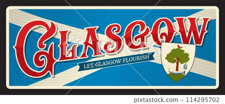 Glasgow Scottish city, town in Scotland. Vector travel plate or sticker, vintage tin sign, retro vacation postcard or journey signboard, luggage tag. Souvenir card with motto and coat of arms 114295702