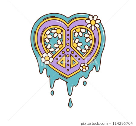 Cartoon retro groovy melting peace sign. Hippie heart with daisy flowers and drips in nostalgic psychedelic style of 60s and 70s. Isolated vector symbol of Valentines day, trip, love, romantic vibes 114295704