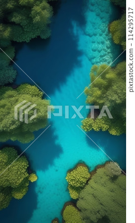 Aerial view of clear blue ocean with coastal plants and tree 114295717