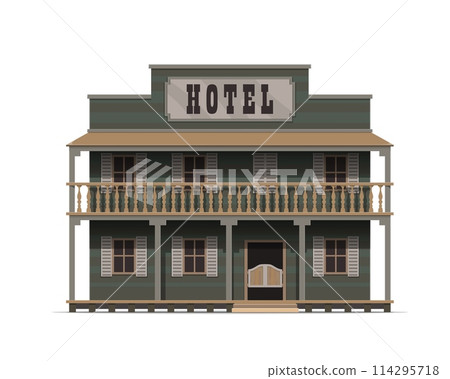 Western hotel building, wild west facade. Isolated vector rustic, wooden motel exterior structure with large porch, swinging saloon doors and a prominent signboard, adorned with vintage typography 114295718