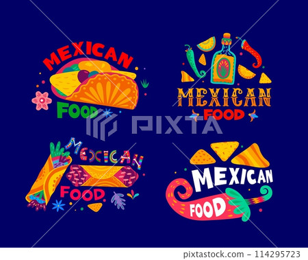 Mexican cuisine food lettering icons of Mexico Tex Mex dishes, vector menu banners. Mexican cuisine lettering for burrito and taco with nachos, tequila and chili or jalapeno peppers in floral ornament 114295723