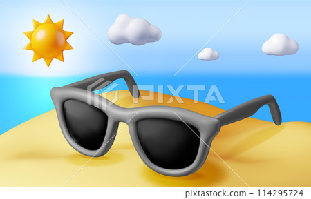 3d beach with sunglasses in sand over sea 114295724