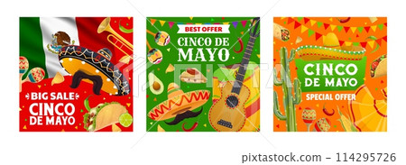 Big sale special offer banners, Cinco de mayo Mexican holiday promo. Vector square promotional cards or social media posts with jalapeno pepper, national flag and food, sombrero, mustaches and poncho 114295726