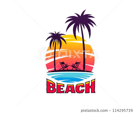 Tropical paradise resort, summer beach icon with palm trees and sunset sky, vector summer vacation, travel and tourism. Tropical island beach with blue sea waves, chairs and coconut palm silhouettes Tropical paradise resort, summer beach icon with palm trees and sunset sky, vector summer vacation, travel and tourism. Tropical island beach with blue sea waves, chairs and coconut palm silhouettes 114295739