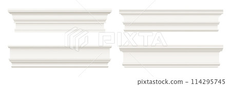 Wall skirting, trim molding and house ledge or moulding cornice, realistic vector. Interior baseboard or ceiling border panels, white skirting or trim molding board of plaster stucco with friezes 114295745