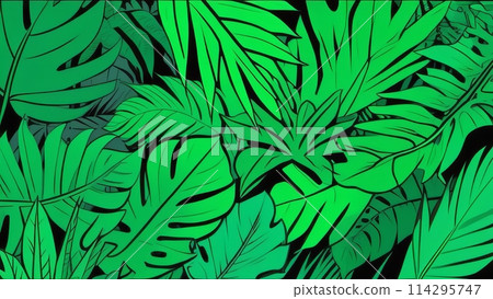Graphic monstera leaves intertwine in shades of electric and emerald green 114295747