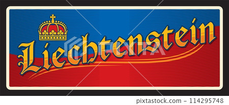 Liechtenstein German city plate and travel sticker, vector luggage tag. Germany travel trip tin sign and tourism baggage label with city emblem and flag, Principality of Liechtenstein Liechtenstein German city plate and travel sticker, vector luggage tag. Germany travel trip tin sign and tourism baggage label with city emblem and flag, Principality of Liechtenstein 114295748