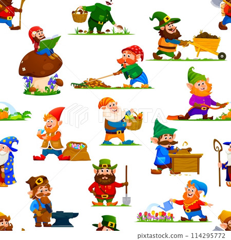 Gnomes and dwarf characters seamless pattern with cartoon fairy tale personages, vector background. Kids pattern of gnome village workers, farmer and miner with spade, dwarf woodworker and lumberjack 114295772