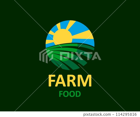 Agriculture farm field icon with sun and rural landscape, vector vector emblem for organic food. Sun beams on green field, sign for farm market, natural food package and agrarian farming agriculture 114295816