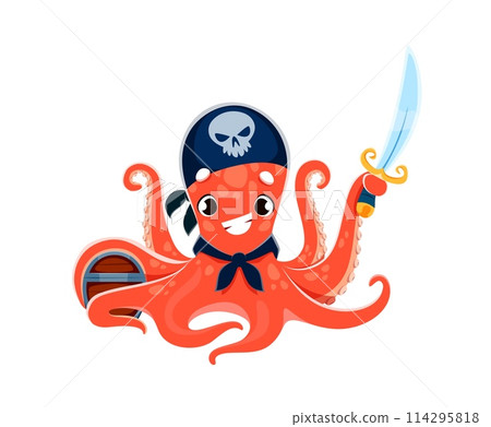 Cartoon octopus animal pirate corsair character with treasure chest and saber. Isolated vector comic sea devilfish personage wears smile and sailor bandana, defends loot with a sword in its tentacle 114295818
