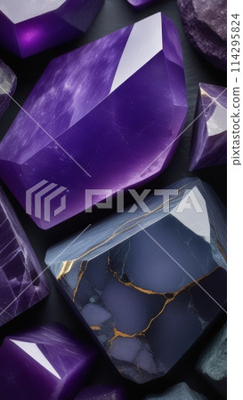 A luxurious background of various purple amethyst crystals in close-up 114295824
