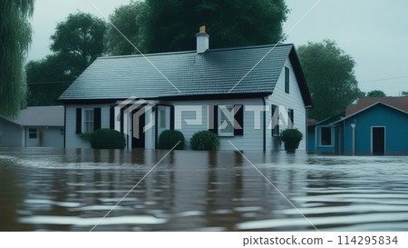 A flooded street, wooden houses stand in the water 114295834
