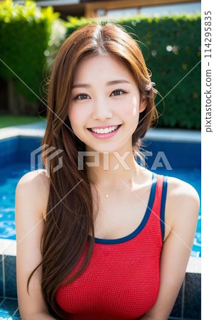 young woman sitting by the pool 114295835